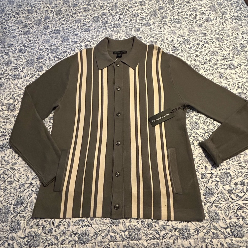Christian Lacroix Men's Olive and Cream Striped Jacket size Medium